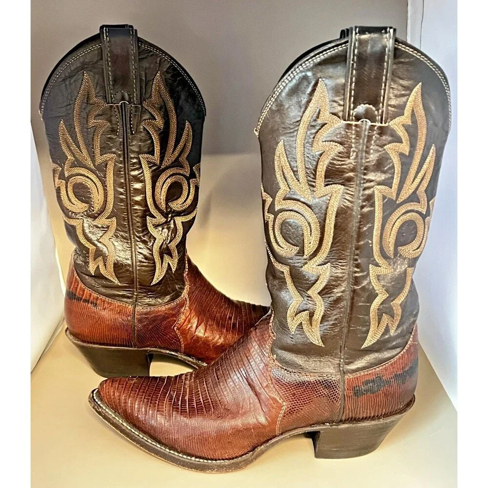 Vtg JUSTIN Cowgirl Boots Teju Lizard Leather Size 6.5B Western Rodeo USA #L4711